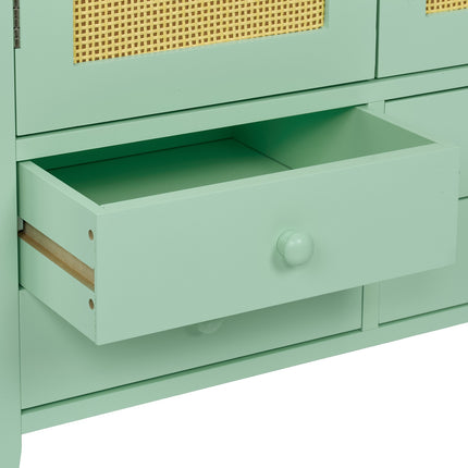 Türkises Rattan-Sideboard – 2 Fächer, 4 Schubladen