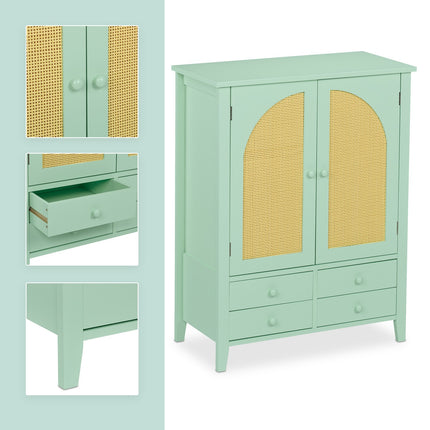 Türkises Rattan-Sideboard – 2 Fächer, 4 Schubladen