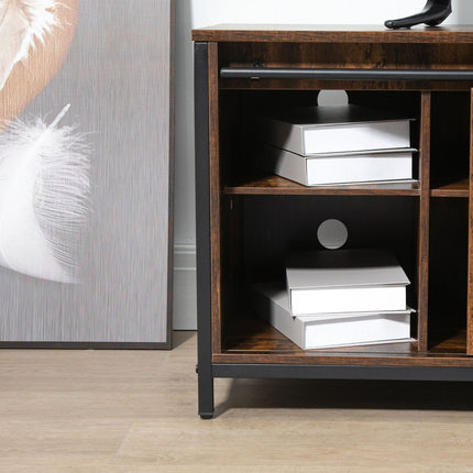 Meuble TV bas jusqu'à 60 pouces, design industriel, avec étagère, acier aggloméré, marron et noir, 120 x 40 x 54 cm