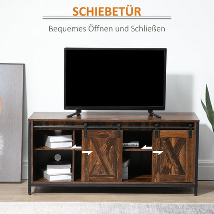 Meuble TV bas jusqu'à 60 pouces, design industriel, avec étagère, acier aggloméré, marron et noir, 120 x 40 x 54 cm
