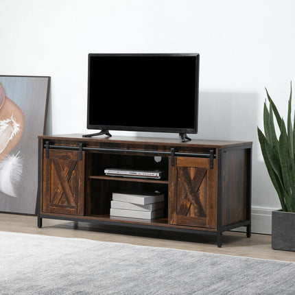 Meuble TV bas jusqu'à 60 pouces, design industriel, avec étagère, acier aggloméré, marron et noir, 120 x 40 x 54 cm
