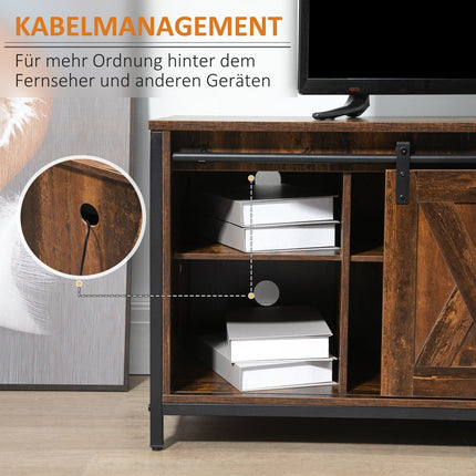 Meuble TV bas jusqu'à 60 pouces, design industriel, avec étagère, acier aggloméré, marron et noir, 120 x 40 x 54 cm