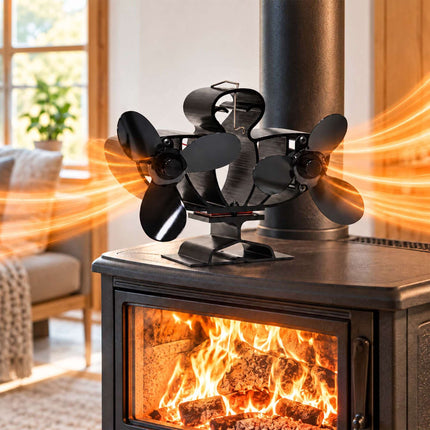 Twin Motor Stove Fan with 6 Blades, No Power Needed, Quiet, Black