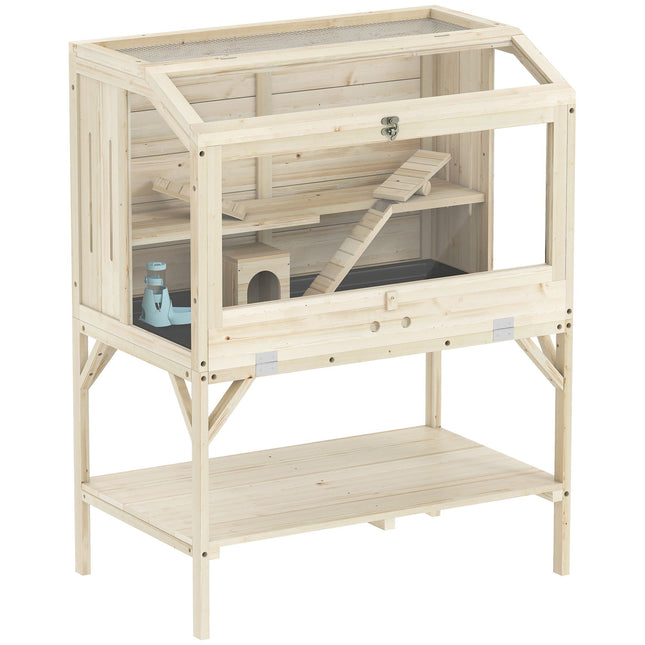 Two-Level Hamster Cage with Storage, Natural Wood, 84x53x110 cm