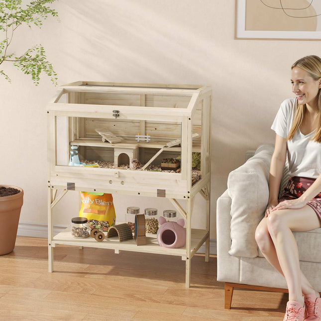 Two-Level Hamster Cage with Storage, Natural Wood, 84x53x110 cm