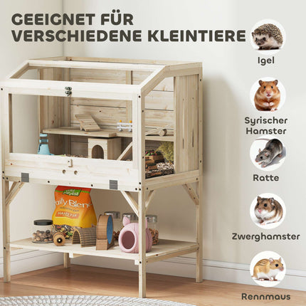 Zweistöckiger Hamsterkäfig mit Stauraum, Naturholz, 84x53x110 cm