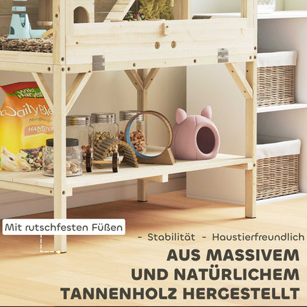 Zweistöckiger Hamsterkäfig mit Stauraum, Naturholz, 84x53x110 cm