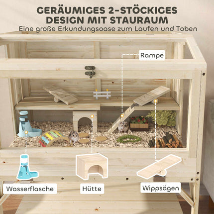 Zweistöckiger Hamsterkäfig mit Stauraum, Naturholz, 84x53x110 cm