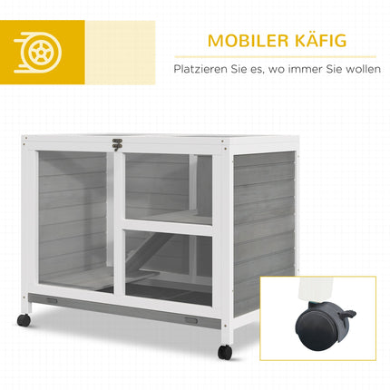 Kleiner Kleintierstall, zweistöckig, versiegeltes Tannenholz, grau, mit Rollen