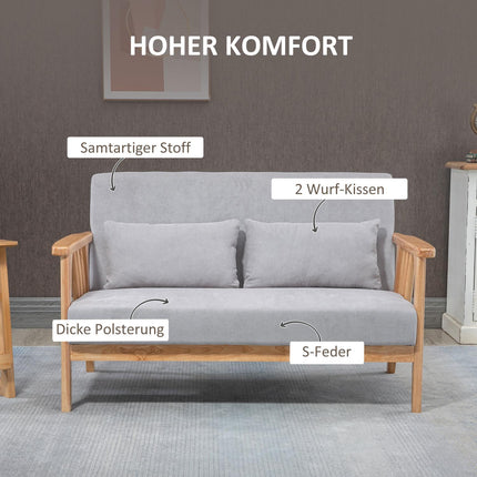 Two-seater loveseat sofa in velvet with cushions, gray
