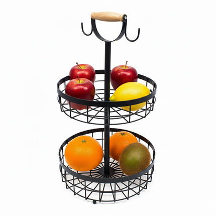 Zweistöckiger Obstkorb aus Metall mit Bananenhaltern