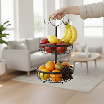 Zweistöckiger Obstkorb aus Metall mit Bananenhaltern