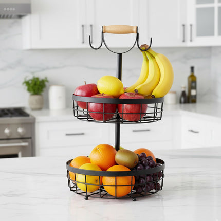 Zweistöckiger Obstkorb aus Metall mit Bananenhaltern