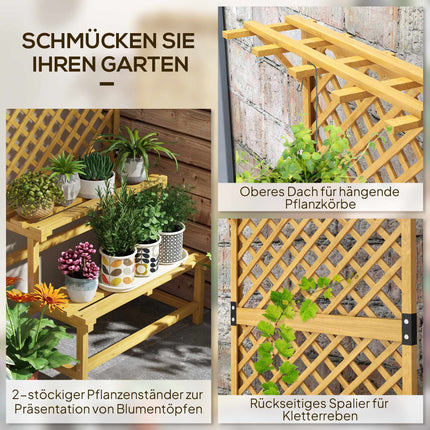 Zweistöckiges Pflanzenregal mit Spalier und Dach, Tannenholz, 75x50x166cm
