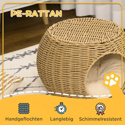 Two-Tier Rattan Cat Bed with Cushion, For Cats Under 3.5kg