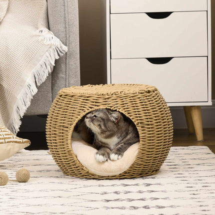 Two-Tier Rattan Cat Bed with Cushion, For Cats Under 3.5kg
