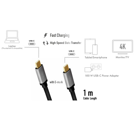 USB-C cable USB 3.2 Gen2 PD 3.0 100W 10Gbps 4K/60Hz Alu 1m