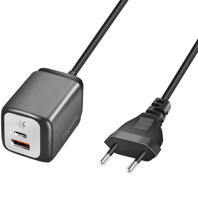 USB-Ladegerät 1xUSB-A + 1xUSB-C mit festem Kabel 1,5m GaN 30W