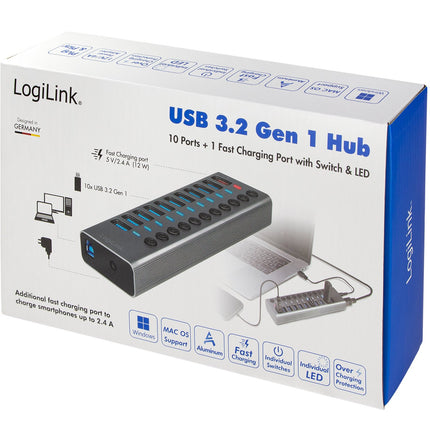 Hub USB 10+1 ports avec boutons marche/arrêt séparés USB 3.2 Gen 1