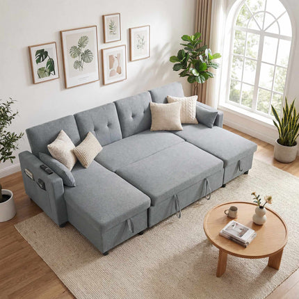 U-Shaped Sleeper Sectional Sofa, 4-Seater, Storage, Grey