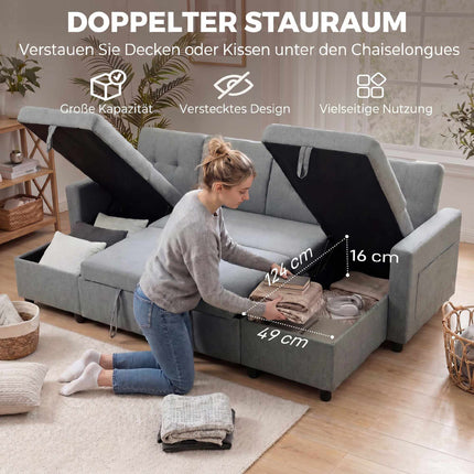 U-Shaped Sleeper Sectional Sofa, 4-Seater, Storage, Grey