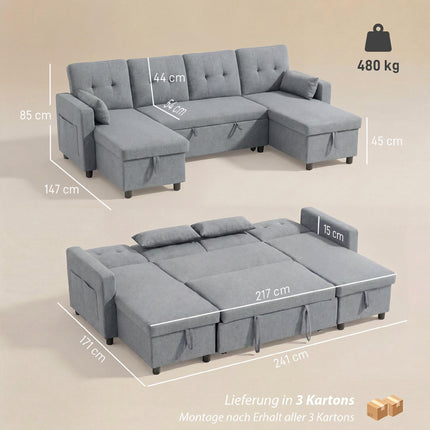 U-Shaped Sleeper Sectional Sofa, 4-Seater, Storage, Grey