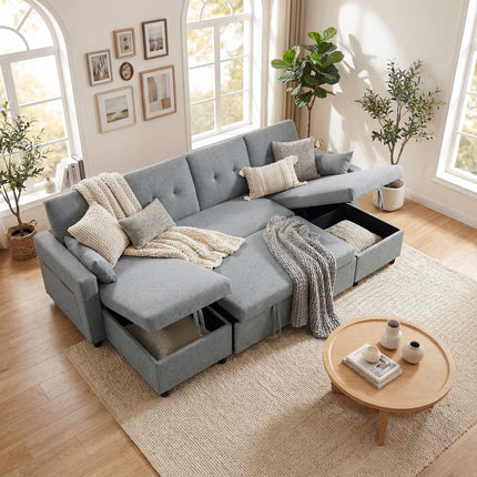 U-Shaped Sleeper Sectional Sofa, 4-Seater, Storage, Grey