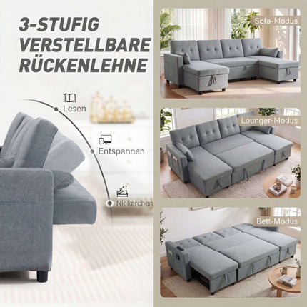 U-Shaped Sleeper Sectional Sofa, 4-Seater, Storage, Grey