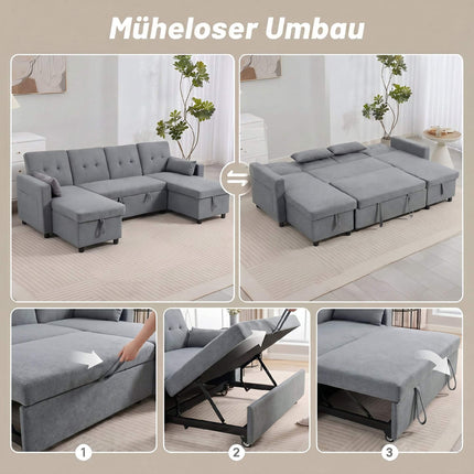 U-Shaped Sleeper Sectional Sofa, 4-Seater, Storage, Grey