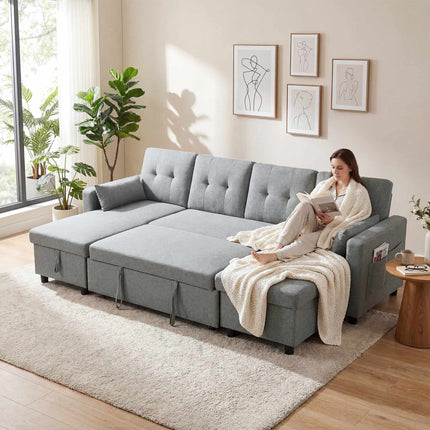 U-Shaped Sleeper Sectional Sofa, 4-Seater, Storage, Grey