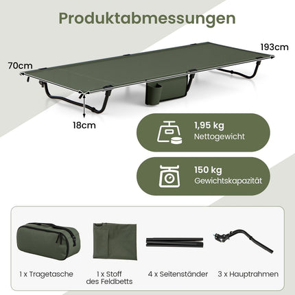 Ultraleichtes Klappbares Campingbett mit Seitentasche, 150 kg Tragkraft
