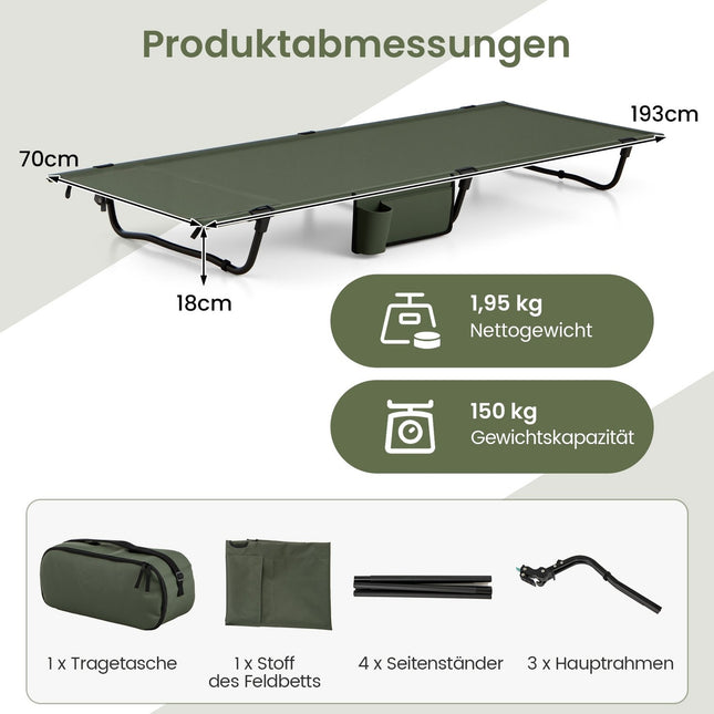 Ultraleichtes Klappbares Campingbett mit Seitentasche, 150 kg Tragkraft