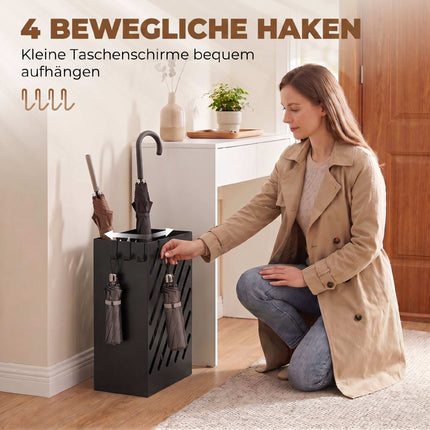 Umbrella Stand with Drip Tray, 4 Hooks, Steel, Black