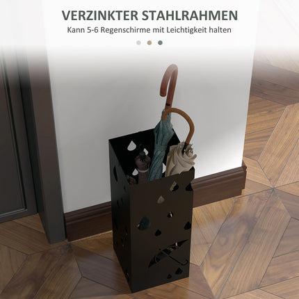 Paraplubak met 4 haken, wateropvangbak, parapluhouder voor gangen, parasols en wandelstokken, staal, 15,5 x 15,5 x 40 cm, zwart