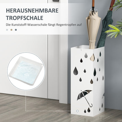 Paraplubak met 4 haken, wateropvangbak, parapluhouder voor gangen, parasols en wandelstokken, staal, 15,5 x 15,5 x 40 cm, wit Aosom