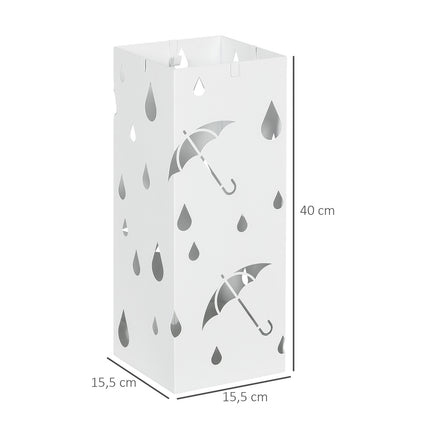 Paraplubak met 4 haken, wateropvangbak, parapluhouder voor gangen, parasols en wandelstokken, staal, 15,5 x 15,5 x 40 cm, wit Aosom