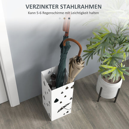 Paraplubak met 4 haken, wateropvangbak, parapluhouder voor gangen, parasols en wandelstokken, staal, 15,5 x 15,5 x 40 cm, wit Aosom