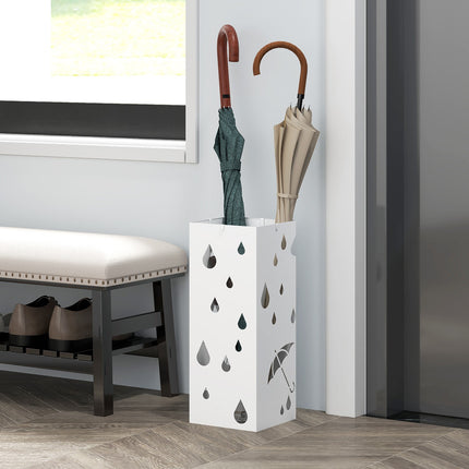 Paraplubak met 4 haken, wateropvangbak, parapluhouder voor gangen, parasols en wandelstokken, staal, 15,5 x 15,5 x 40 cm, wit Aosom