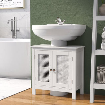 Badezimmer-Unterschrank, Rattan-Türen, Weiß, 60x30x60 cm