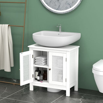 Badezimmer-Unterschrank, Rattan-Türen, Weiß, 60x30x60 cm