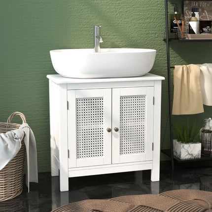 Badezimmer-Unterschrank, Rattan-Türen, Weiß, 60x30x60 cm