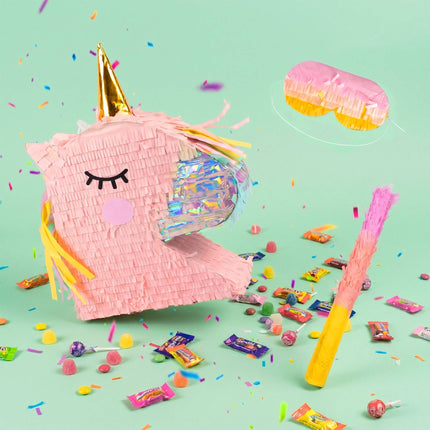 Einhorn-Piñata-Set – Schlagstock und Augenbinde