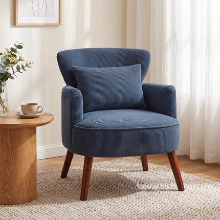 Upholstered Accent Armchair with Lumbar Cushion, Wingback, Blue Corduroy