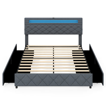 Upholstered Bed Frame 160x200 cm with LED, USB, Drawers