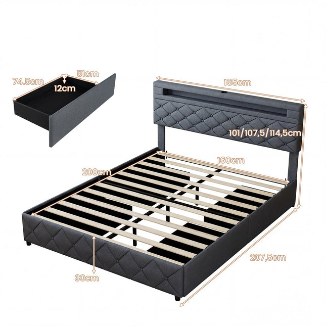 Polsterbettgestell 160x200 cm mit LED, USB, Schubladen
