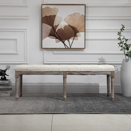 Beige gepolsterte Vintage-Sitzbank, Samt glatt, 142x47x51 cm