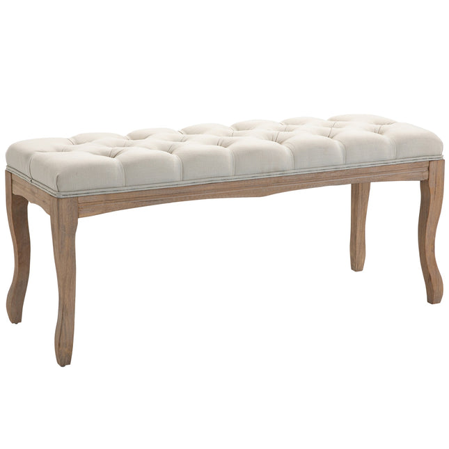 Beige gepolsterte Bank aus Kautschukholz – Vintage-Stil, 110 x 40 x 48 cm