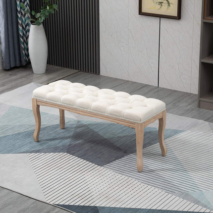 Beige upholstered rubber wood bench - vintage style, 110x40x48Cm