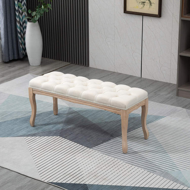 Beige gepolsterte Bank aus Kautschukholz – Vintage-Stil, 110 x 40 x 48 cm