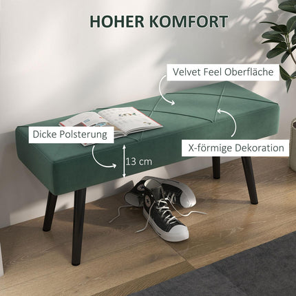 Banc rembourré aspect velours, banc de lit, banc d'entrée avec motif X, jusqu'à 120 kg, pour chambre, 100 x 36 x 45 cm, vert